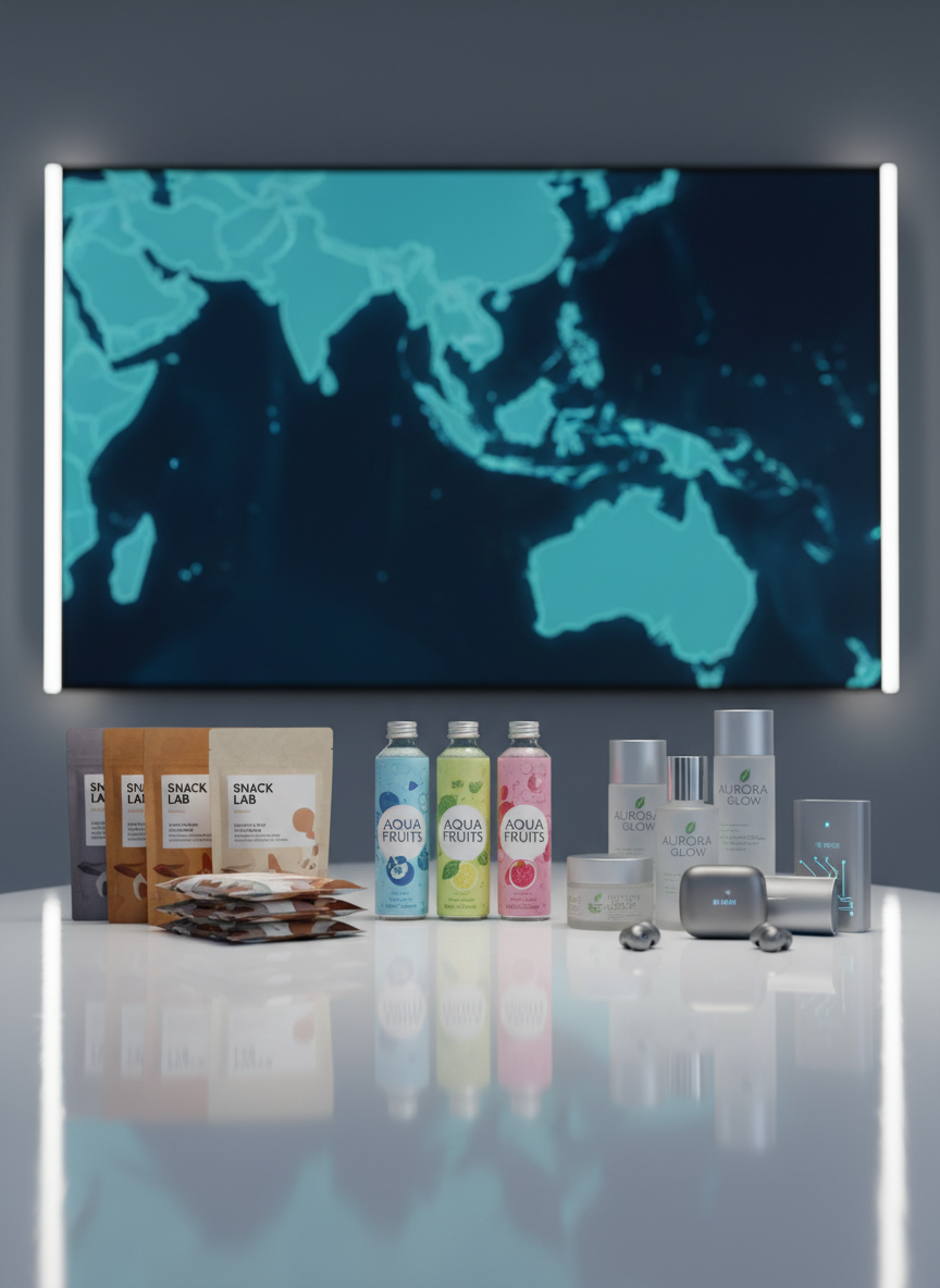 A sleek arrangement of ASEAN consumer products displayed on a reflective white surface, including minimalist packaging for snacks, bottled beverages, skincare, and tech gadgets, each labeled with fictional but realistic brand designs. Behind them, a large, semi-transparent map of Southeast Asia glows in cool blues and teals on a wall-mounted digital screen. Soft studio lighting from both sides creates gentle highlights on plastic, glass, and matte cardboard textures, with clean shadows that emphasize form without clutter. Shot at eye level with a slightly wide angle, the composition centers the products in sharp focus while the map softly blurs behind. The mood is professional and forward-looking, with photographic realism and a clean, modern newsroom aesthetic suitable for a product news homepage hero image.