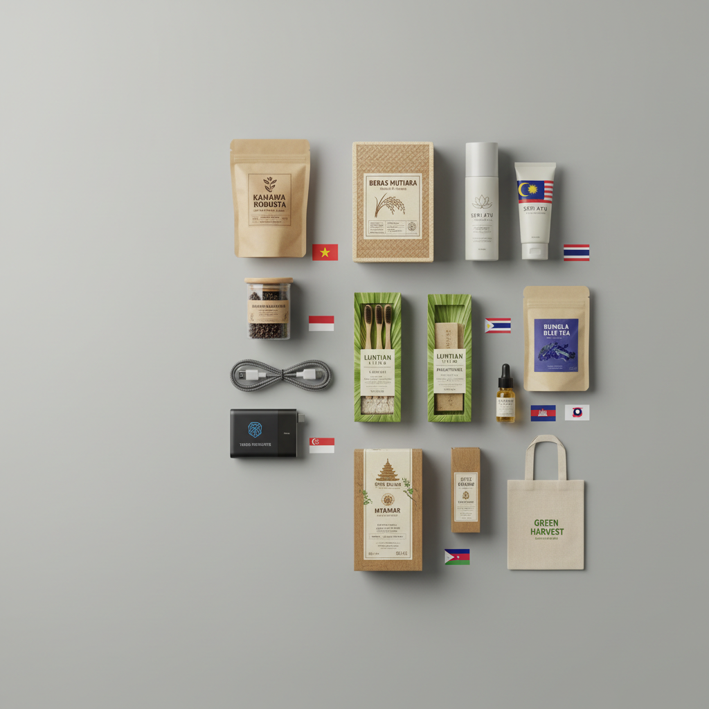 An organized flat lay of Southeast Asian export products arranged on a smooth neutral-grey backdrop, including stylized packaging for coffee, rice, spices, cosmetics, electronics accessories, and eco-friendly household items, all with fictional but regionally inspired branding. Small country flags from ASEAN nations are printed on compact cards placed near relevant items. Soft, even studio lighting from above eliminates harsh shadows, revealing subtle textures in kraft paper, glossy plastic, glass jars, and embossed labels. The composition uses the rule of thirds with generous negative space for text overlays, while selective focus keeps every product crisp and legible. The mood is informative and contemporary, with photographic realism and a minimalist aesthetic ideal for illustrating cross-border trade and supplier stories.