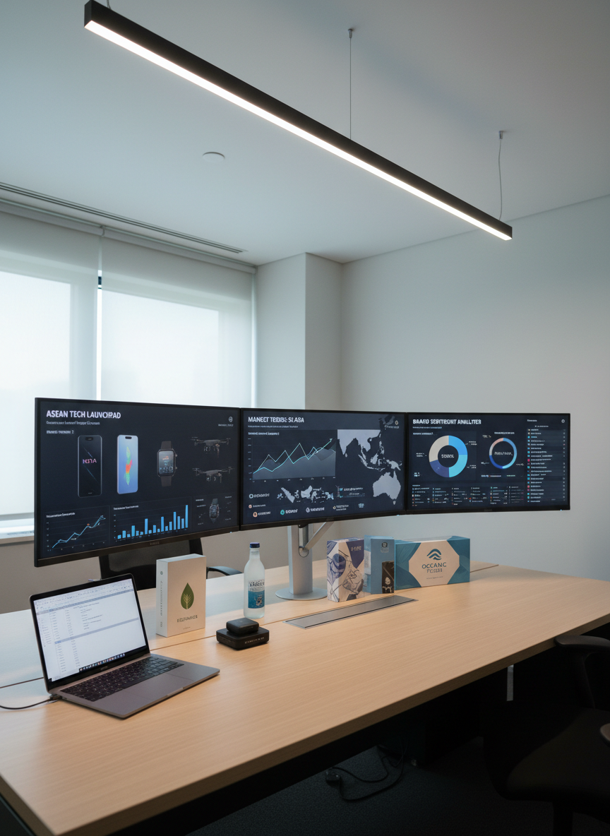 A modern digital newsroom workspace dedicated to Southeast Asia market coverage, featuring multiple ultra-wide monitors on a tidy light-wood desk, each screen displaying different dashboards of fictional product launches, brand logos, and market trend graphs across ASEAN countries. A slim laptop sits open beside neatly stacked product samples and branded mockup packaging. Cool, diffused overhead lighting combines with soft daylight from an unseen window, creating subtle reflections on the monitor glass and brushed aluminum hardware. Captured from a slightly elevated angle with sharp focus throughout, the scene feels organized, data-driven, and analytical. The photographic realism, clean lines, and balanced composition convey a professional, trustworthy environment for business and product news reporting.