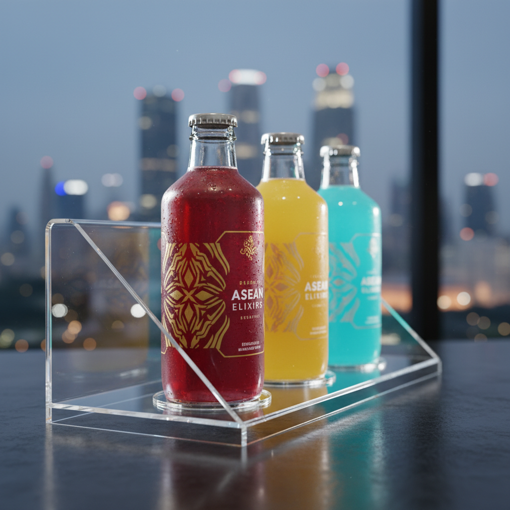 A close-up, photographic realistic shot of a transparent acrylic display stand showcasing three premium ASEAN-brand beverage bottles, each with distinct, polished label designs and vibrant liquid colors. The stand rests on a dark, matte counter that contrasts with the bright, illuminated backdrop featuring a softly blurred city skyline suggestive of Bangkok or Singapore at dusk. Cool blue and warm amber light sources mix from behind, creating subtle rim lighting along the bottle edges and soft reflections in the glass. Captured at a slightly low angle with shallow depth of field, the front bottle is in razor-sharp focus while the others gradually blur, emphasizing product detail and innovation. The atmosphere is sophisticated and dynamic, perfect for articles about brand launches and premium positioning.
